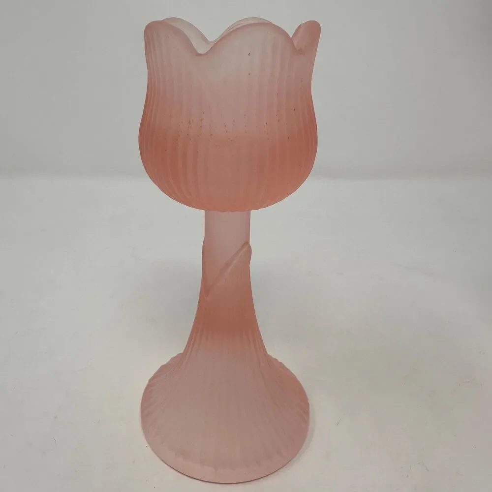 Vintage Pink Frosted Glass Tulip Candle Holders Pair Satin Votive Candlesticks